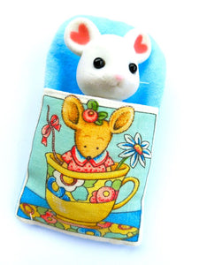 Sylvanian Sleeping Bag Mouse Sitting in a Teacup