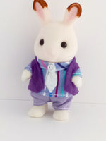 sylvanian families brothers two piece outfit.Shirt has a purple background with maroon and blue stripes.A white tie.Light purple trousers and a dark purple matching vest.