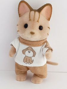 sylvanian brother's two-piece outfit. The shirt has a white background with a cute brown puppy picture on the front.Plain brown matching trousers.