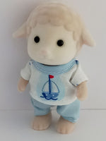 sylvanian families brothers shirt with a picture of a sailboat on the front with light blue piping around the neckline.Light blue matching pants.