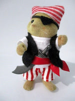 sylvanian families father pirate outfit.White Shirt,Black vest,red belt.Trousers are white and red stripes.Hat is red and white stripes. Has a pirate eye patch.