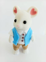 sylvanian families fathers outfit.White shirt with bronze buttons at the front.Light blue vest. Biege and brown pattern trousers.