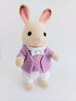 sylvanian families fathers purple shirt with white binding around  neckline. Purple matching vest. Plain white trousers.