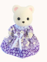 sylvanian families mothers dress.Purple with white star print. White lace trims. Front view.
