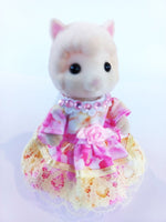 sylvanian families mothers dress,pink floral and yellow lace trims.Front view.