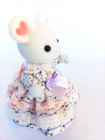 sylvanian families mothers dress apricot and purple patterned fabric. Apricot and white lace trims.