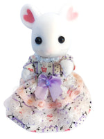 sylvanian families mothers dress front view.Apricot and purple pattern fabric. White and apricot lace trims.